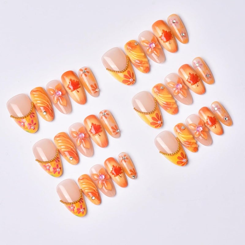 SEENEEY Fall Medium Press on Nails Almond Fake Nails Red Maple Leaves Designs Artificial Nail Orange Flowers Stick on Nail for Women 30pcs - Image 3